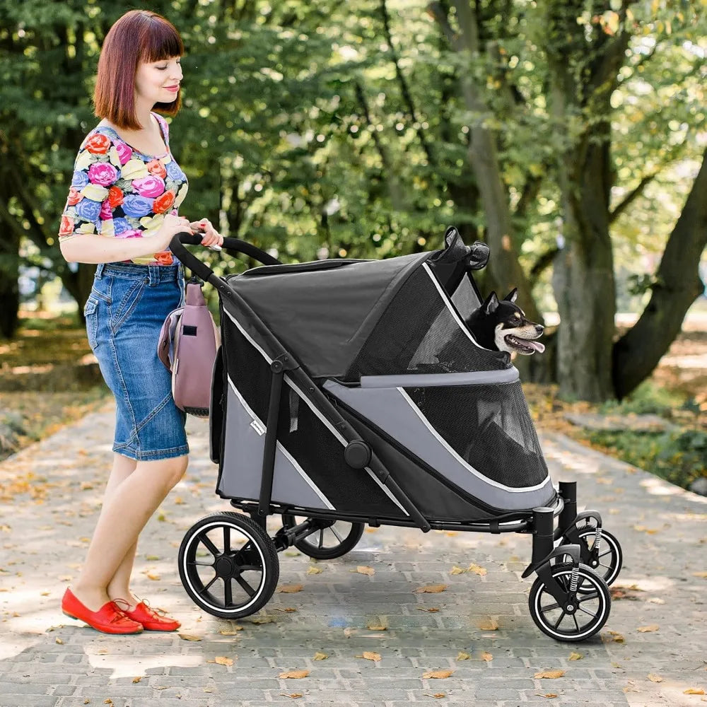 Stroller for Medium/Large Dogs One-Click Folding, Extra Large Pet Stroller for 2 Dogs with Storage Pocket & Shock Absorption